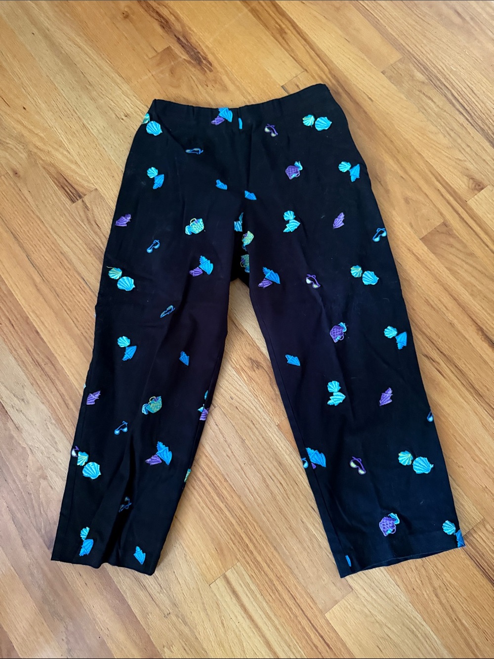 Women’s black Knit capri Pants with Blue & Purple Shell Print - Coldwater creek